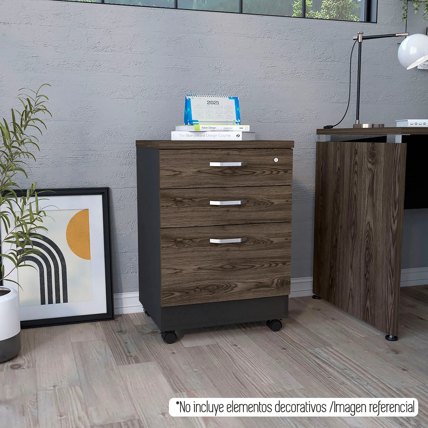 Archivador 3 Cajones Bajo Home Office - Negro Soft / Coñac