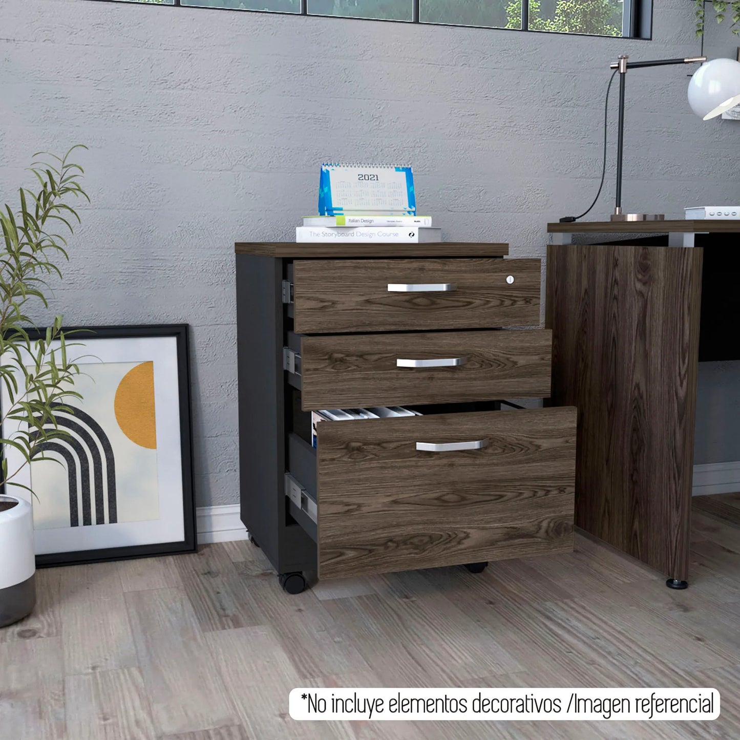 Archivador 3 Cajones Bajo Home Office - Negro Soft / Coñac