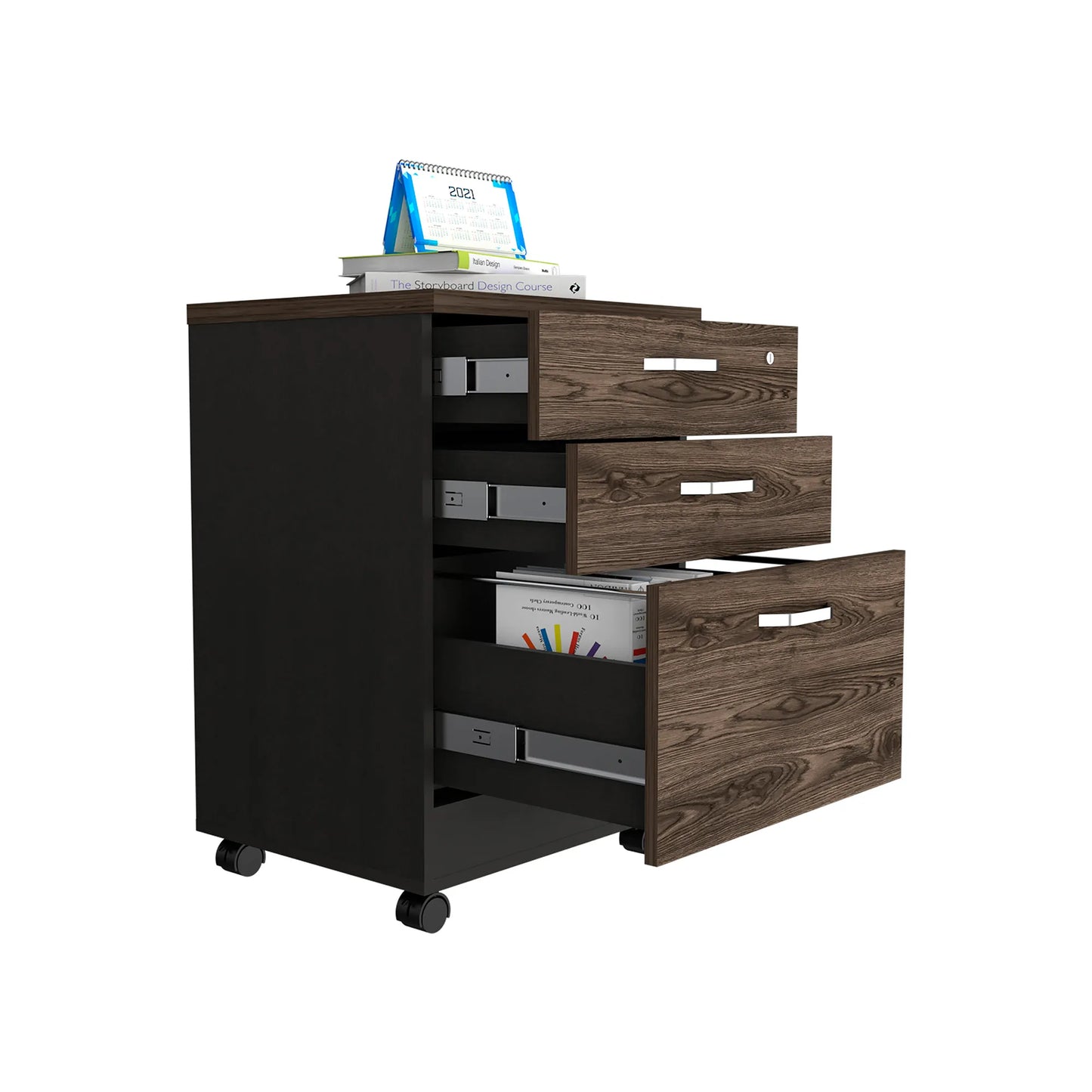 Archivador 3 Cajones Bajo Home Office - Negro Soft / Coñac