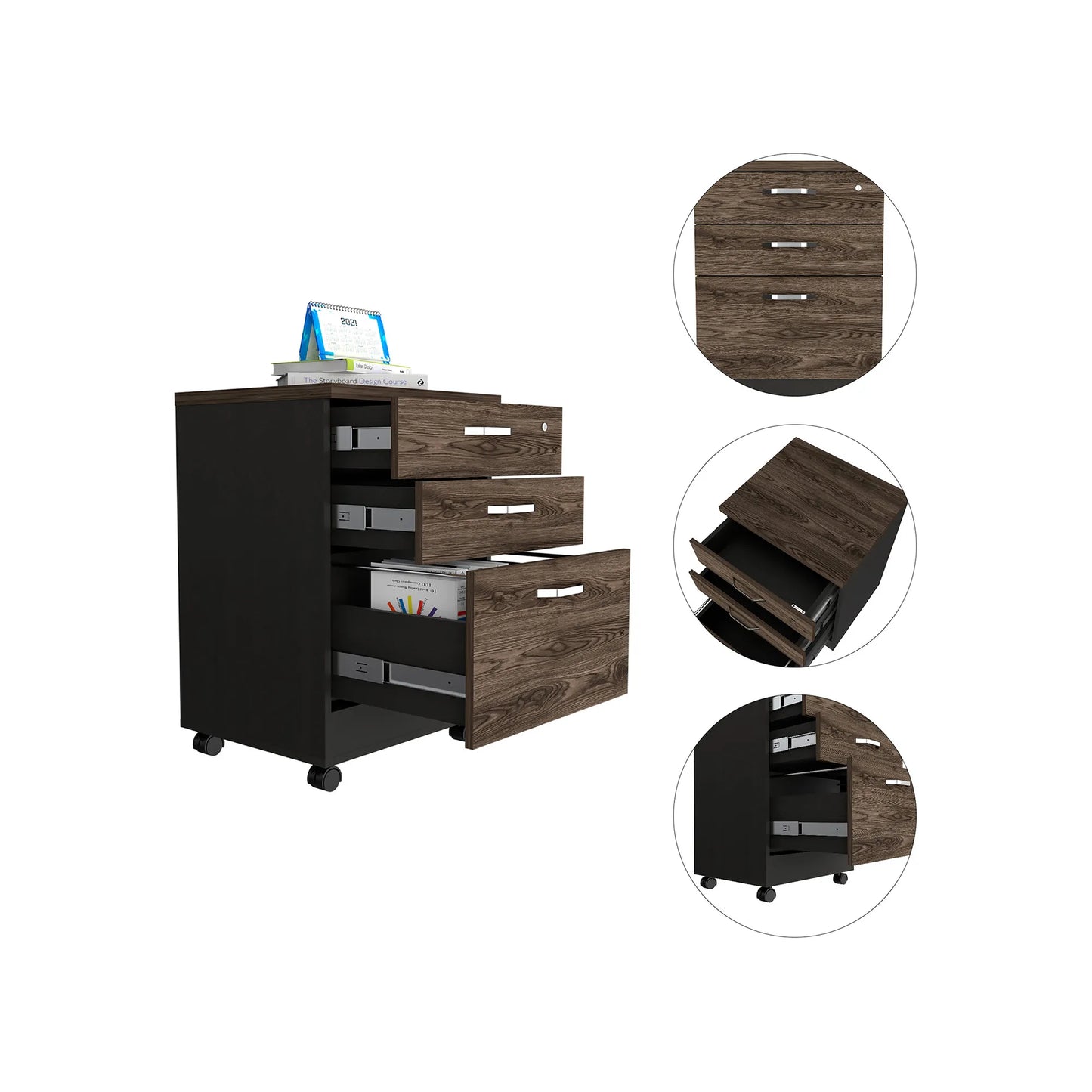 Archivador 3 Cajones Bajo Home Office - Negro Soft / Coñac