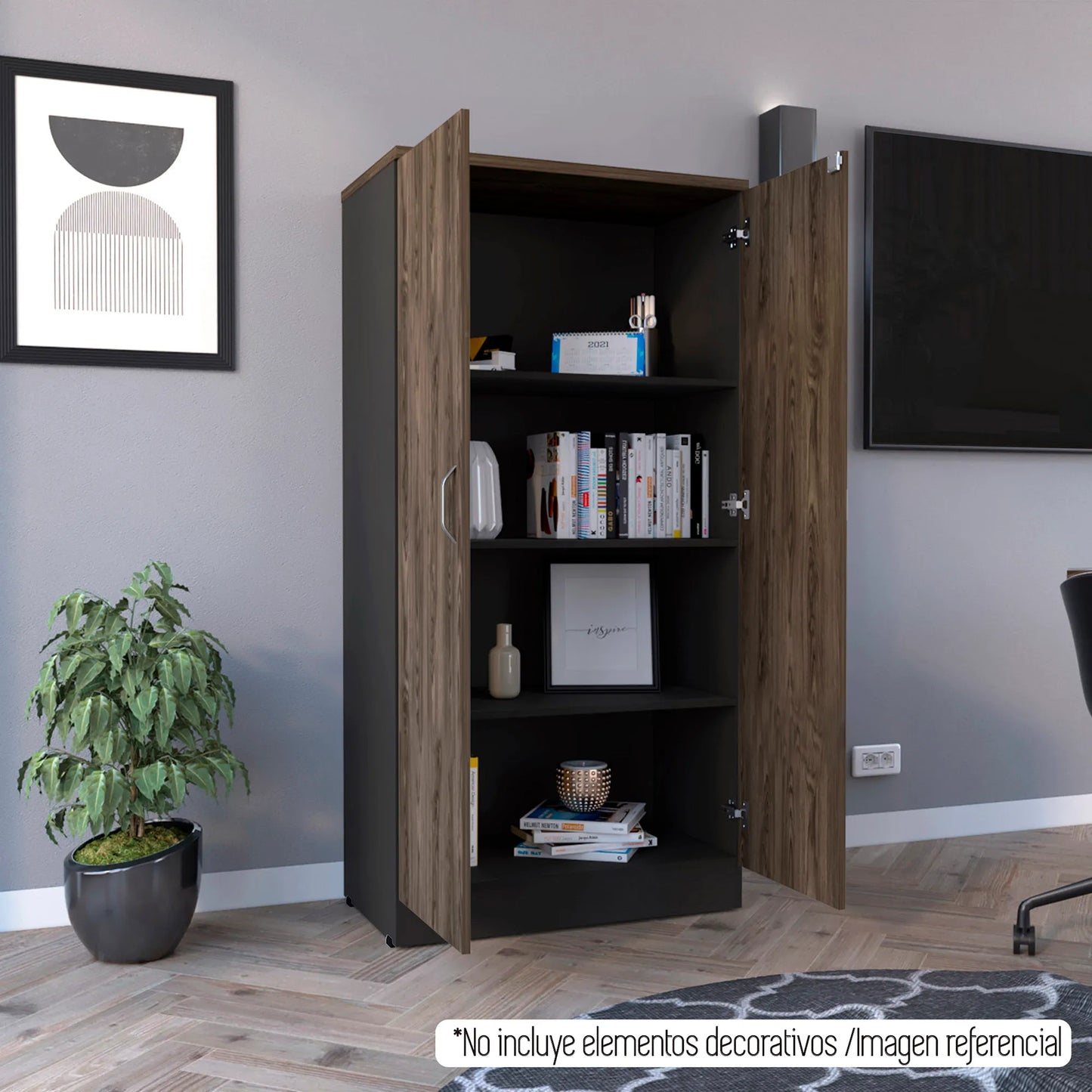 Biblioteca 2 Puertas Completas + 4 Repisas Home Office - Negro Soft / Coñac