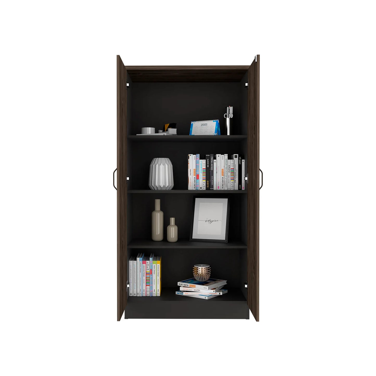 Biblioteca 2 Puertas Completas + 4 Repisas Home Office - Negro Soft / Coñac