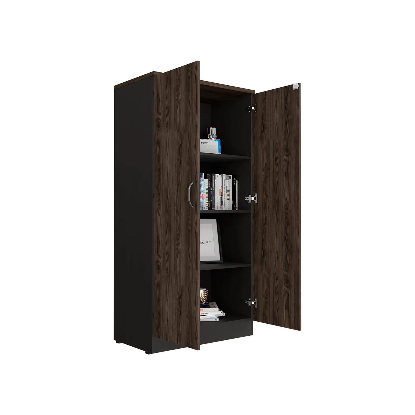 Biblioteca 2 Puertas Completas + 4 Repisas Home Office - Negro Soft / Coñac