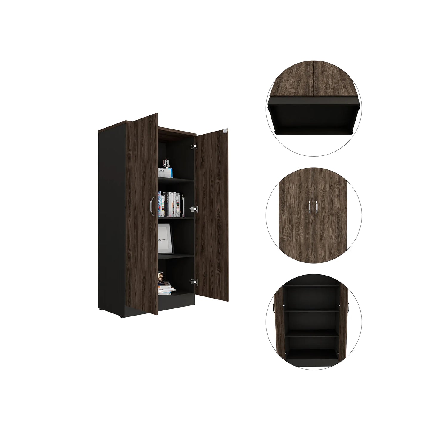 Biblioteca 2 Puertas Completas + 4 Repisas Home Office - Negro Soft / Coñac