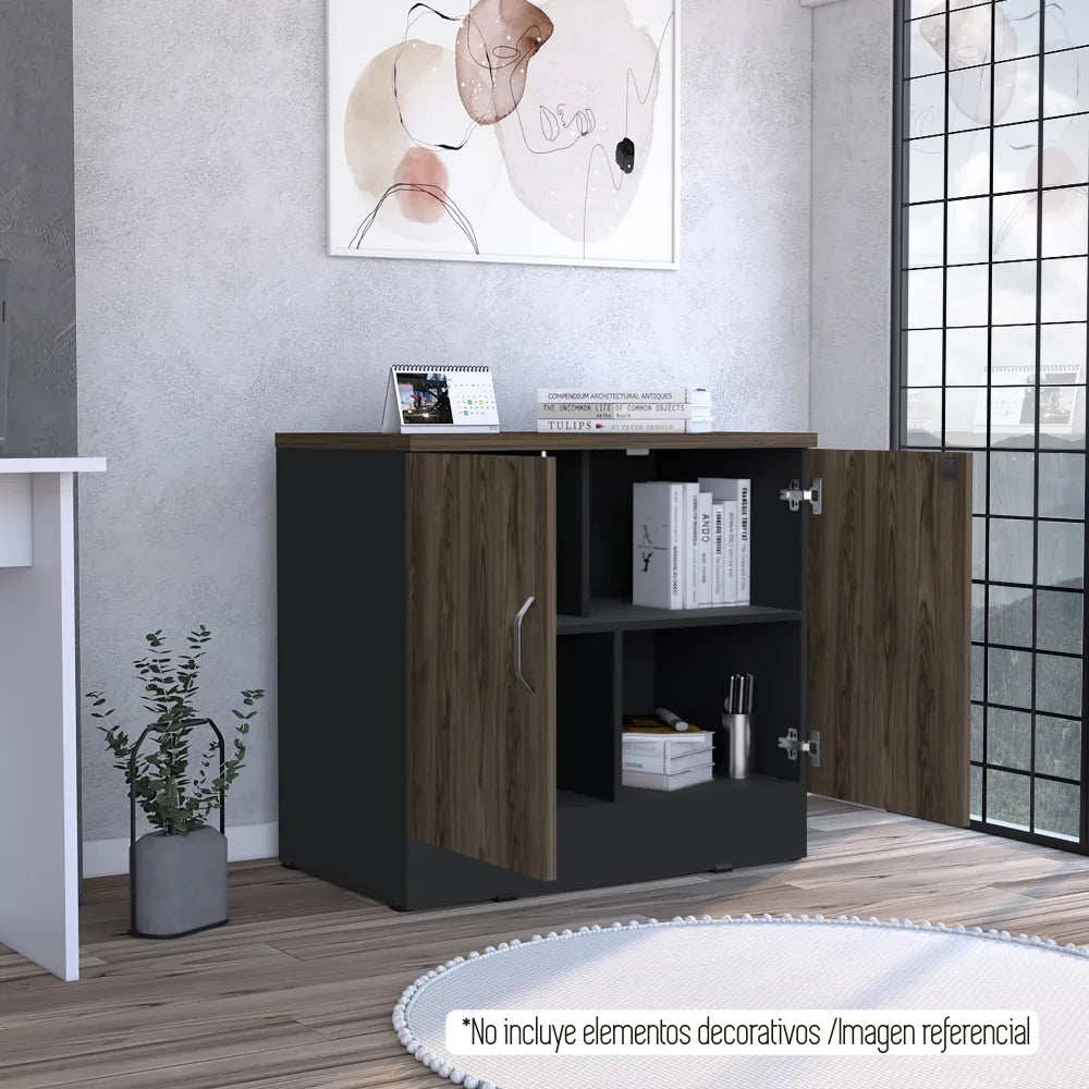 Gabinete Archivador 2 Puertas + 1 Chapa Home Office - Negro Soft / Coñac