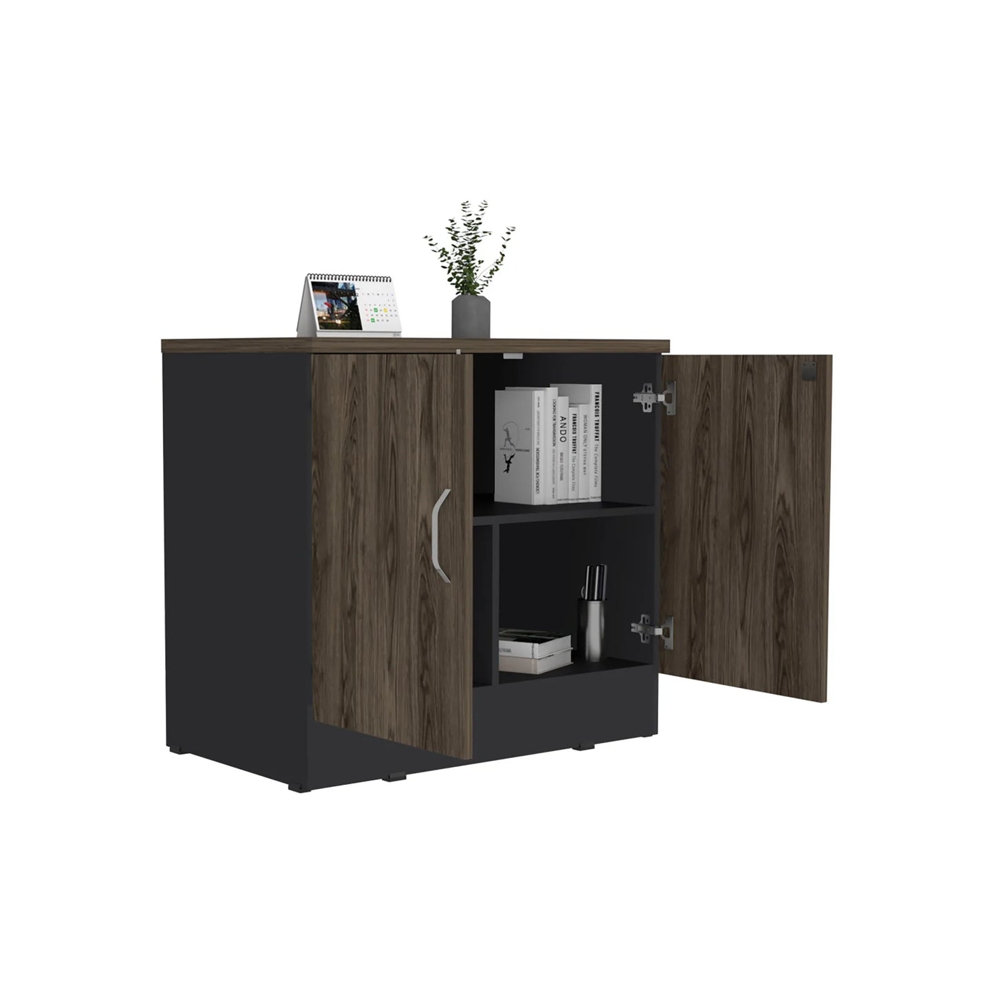 Gabinete Archivador 2 Puertas + 1 Chapa Home Office - Negro Soft / Coñac