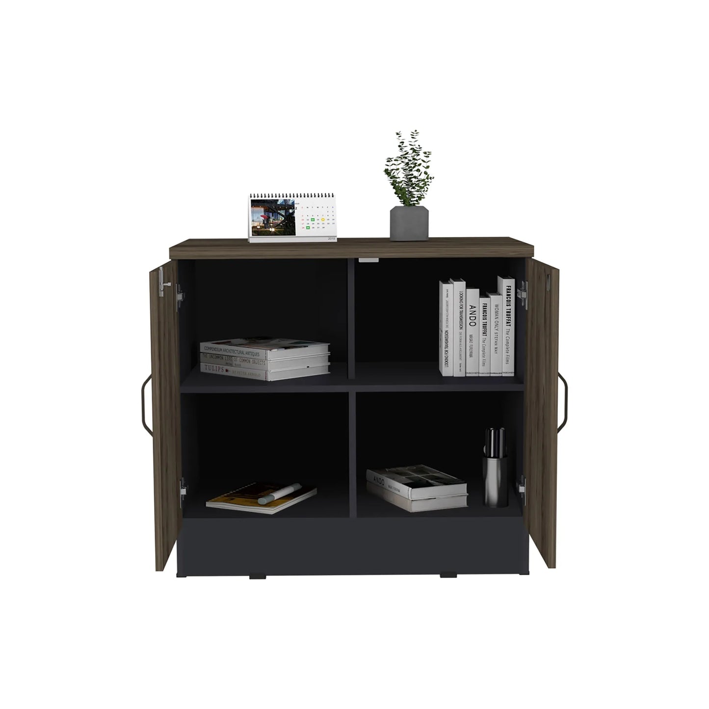 Gabinete Archivador 2 Puertas + 1 Chapa Home Office - Negro Soft / Coñac