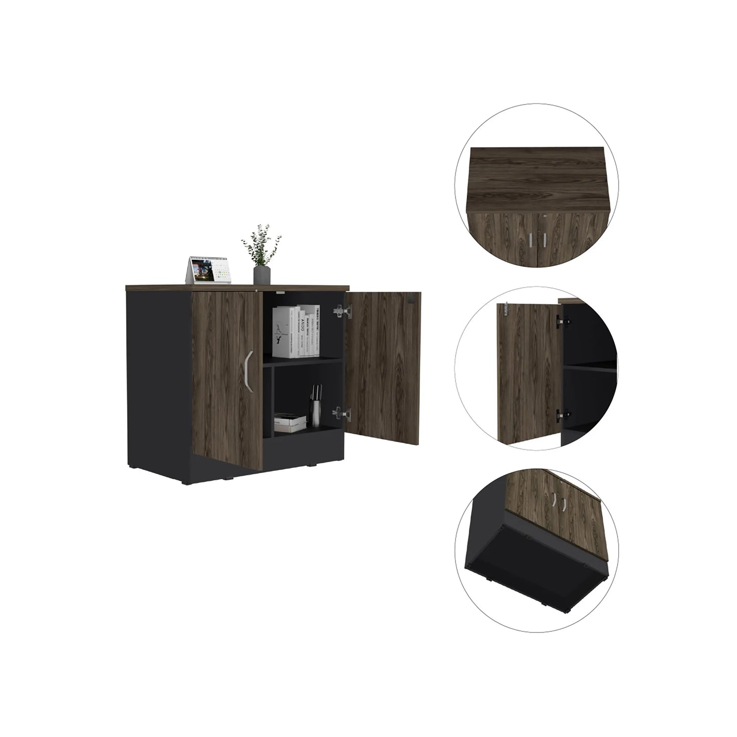 Gabinete Archivador 2 Puertas + 1 Chapa Home Office - Negro Soft / Coñac