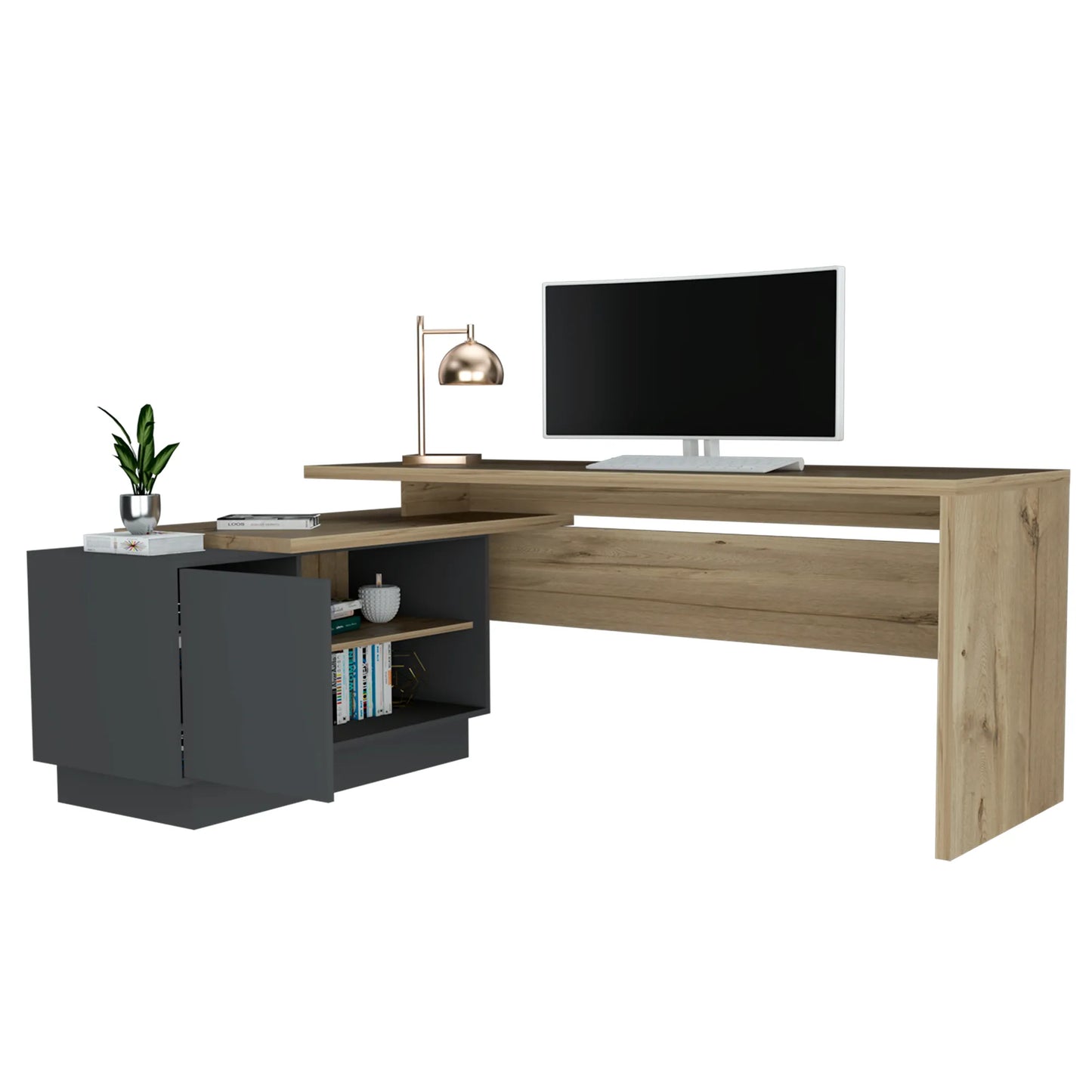 Escritorio En L + 1 Puerta + Repisas Office W-179 - Duna / Plomo
