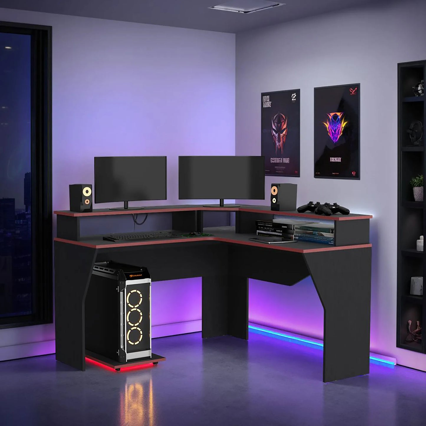 Escritorio Gamer En L Con 2 Niveles Para Monitores Guma - Wengue / Canto Rojo
