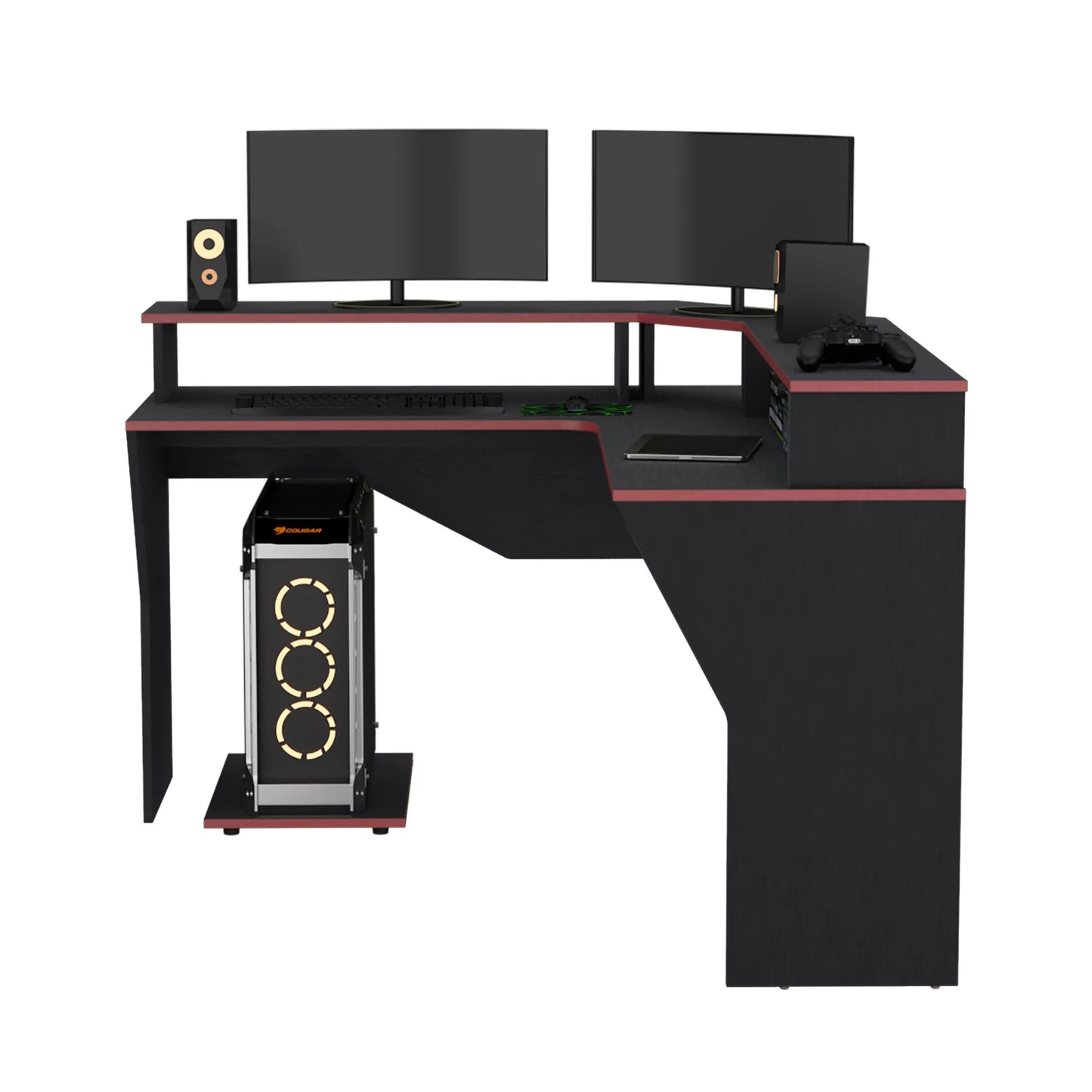 Escritorio Gamer En L Con 2 Niveles Para Monitores Guma - Wengue / Canto Rojo