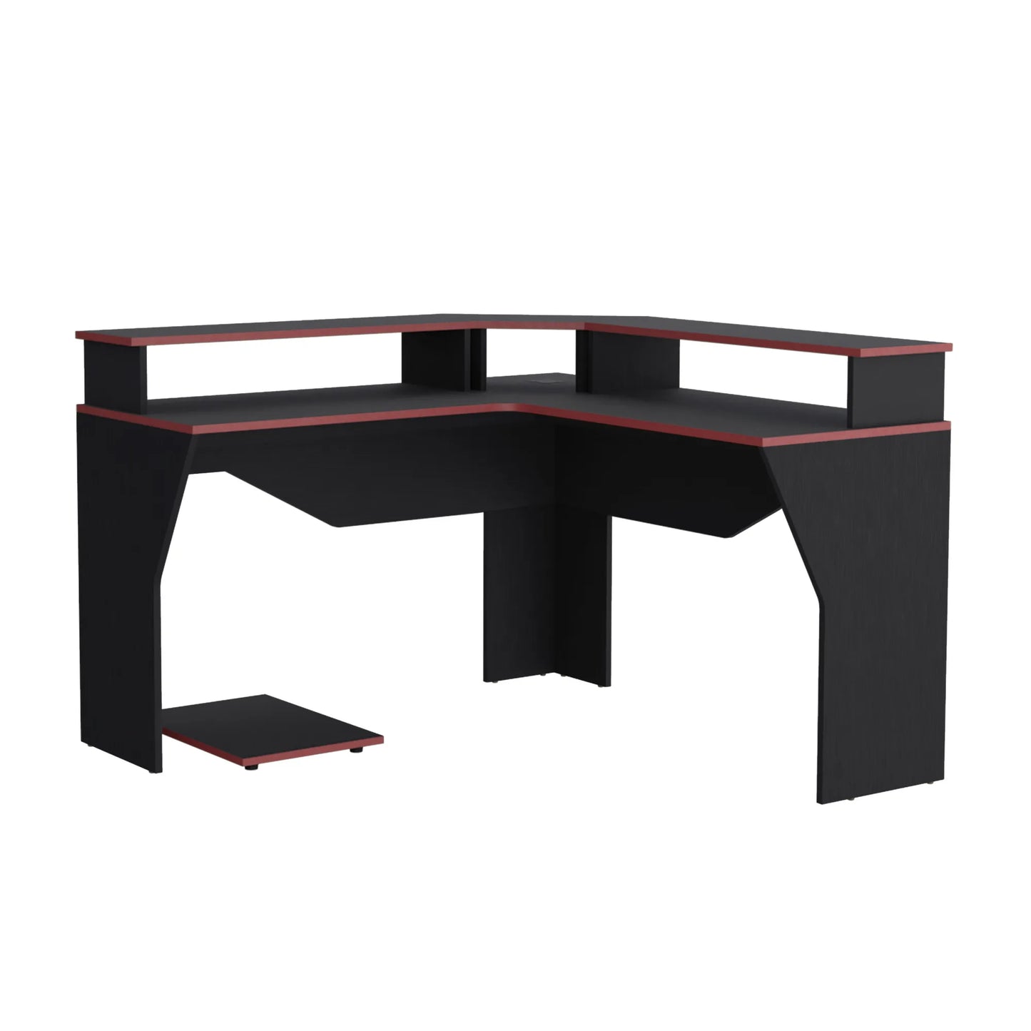 Escritorio Gamer En L Con 2 Niveles Para Monitores Guma - Wengue / Canto Rojo