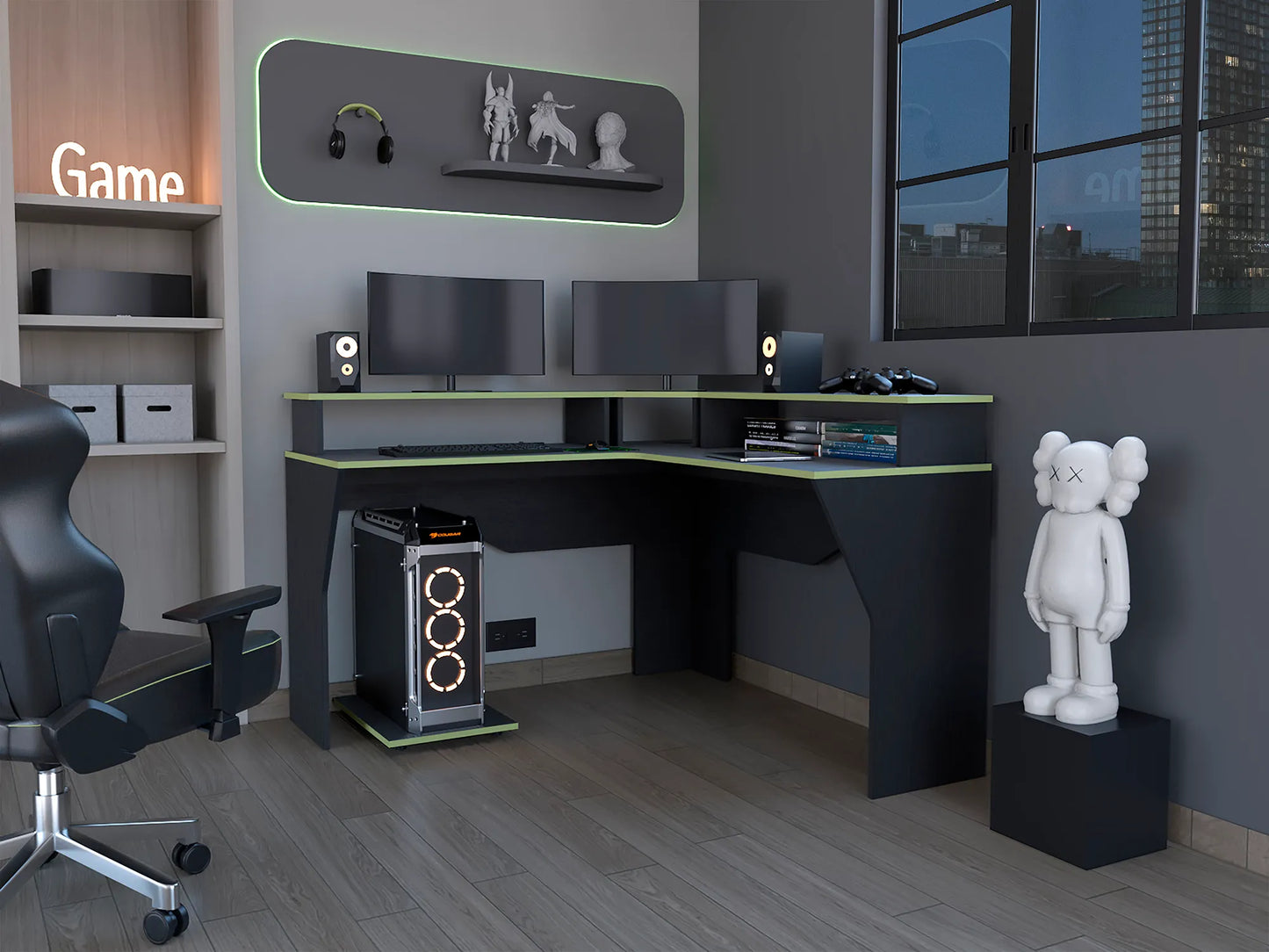 Escritorio Gamer En L Con 2 Niveles Para Monitores Guma - Wengue / Canto Verde