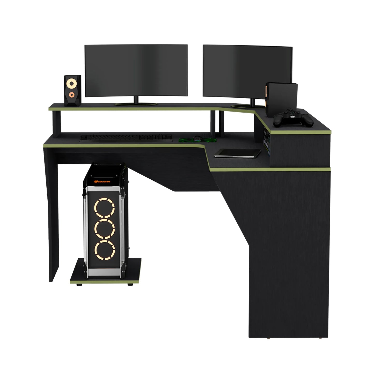 Escritorio Gamer En L Con 2 Niveles Para Monitores Guma - Wengue / Canto Verde