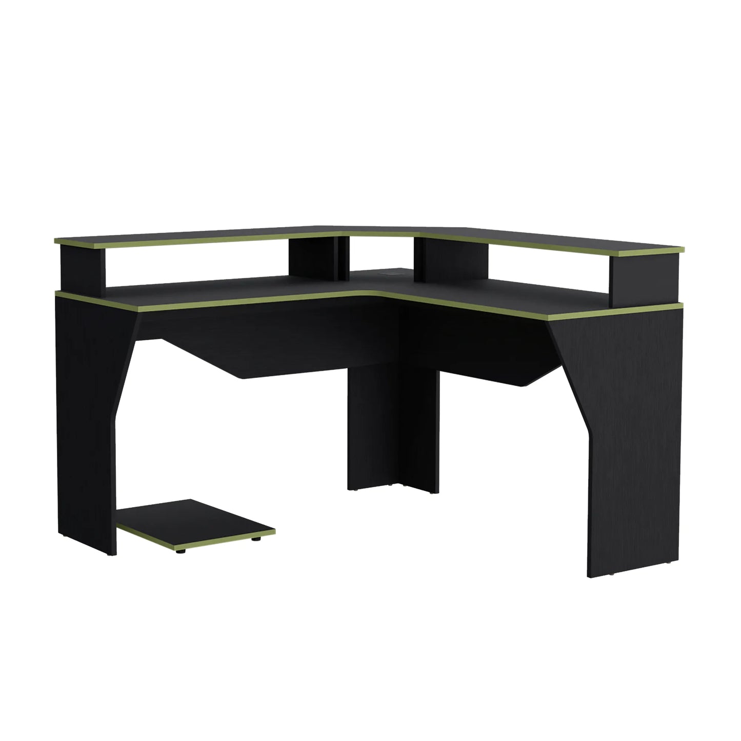 Escritorio Gamer En L Con 2 Niveles Para Monitores Guma - Wengue / Canto Verde