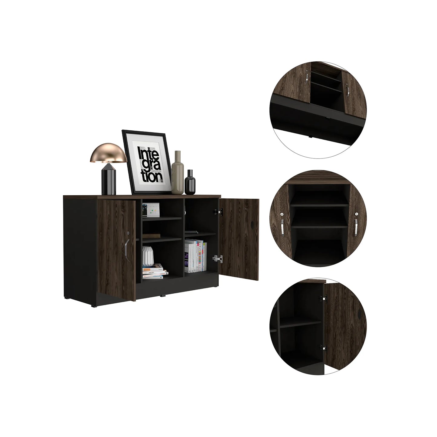 Gabinete 2 Puertas + Doble Chapa Home Office - Negro Soft / Coñac