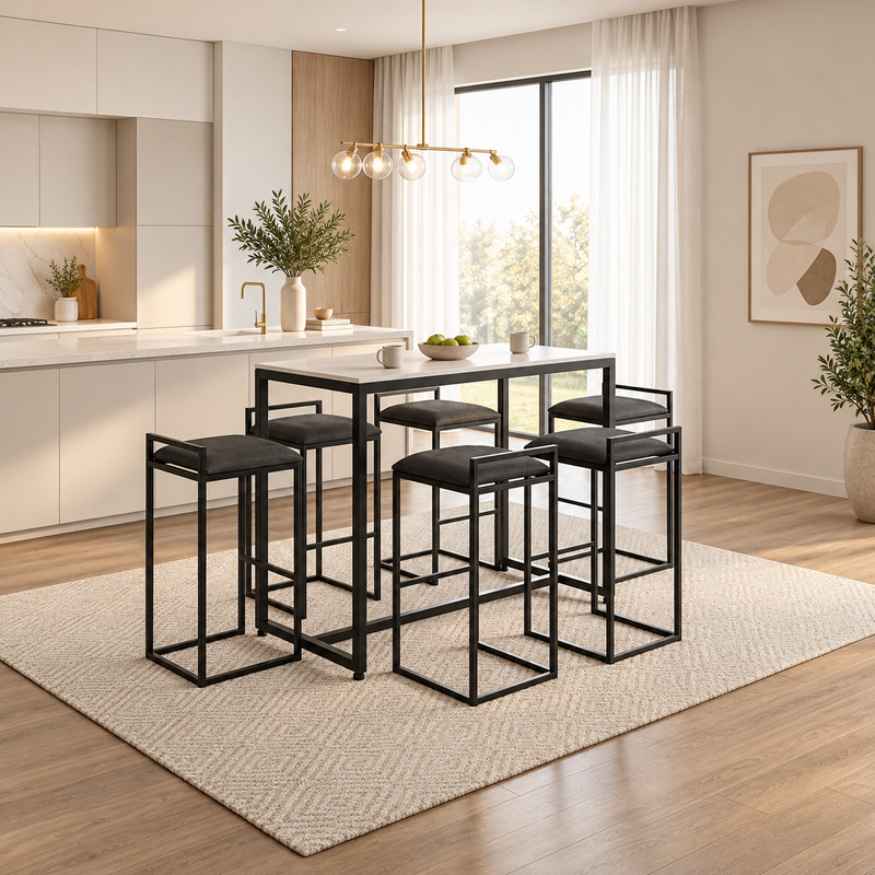 Comedor moderno con mesa alta y seis sillas