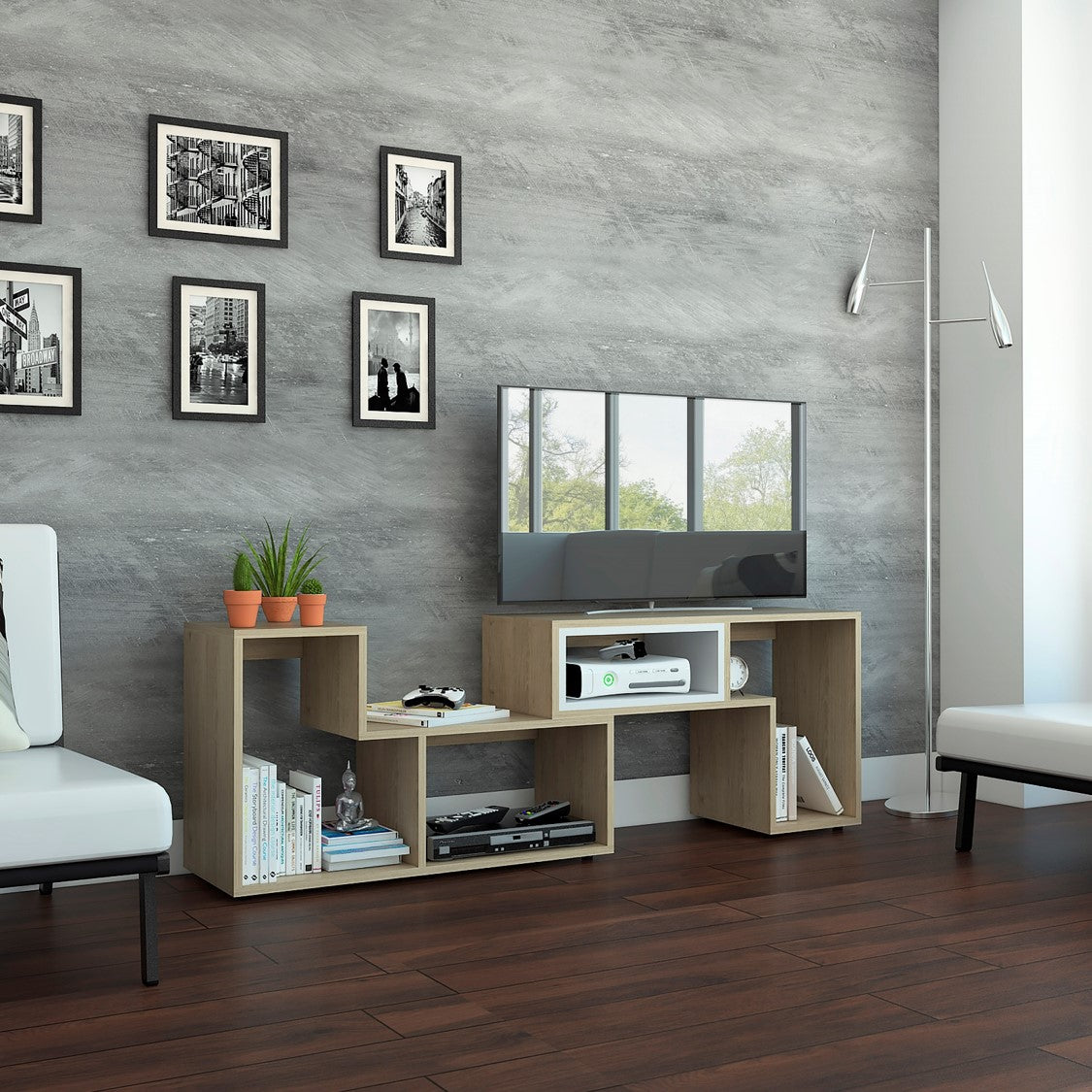 Rack Extensible Beijing, Rovere y Blanco, con capacidad para televisor de 40 pulgadas - vista 6