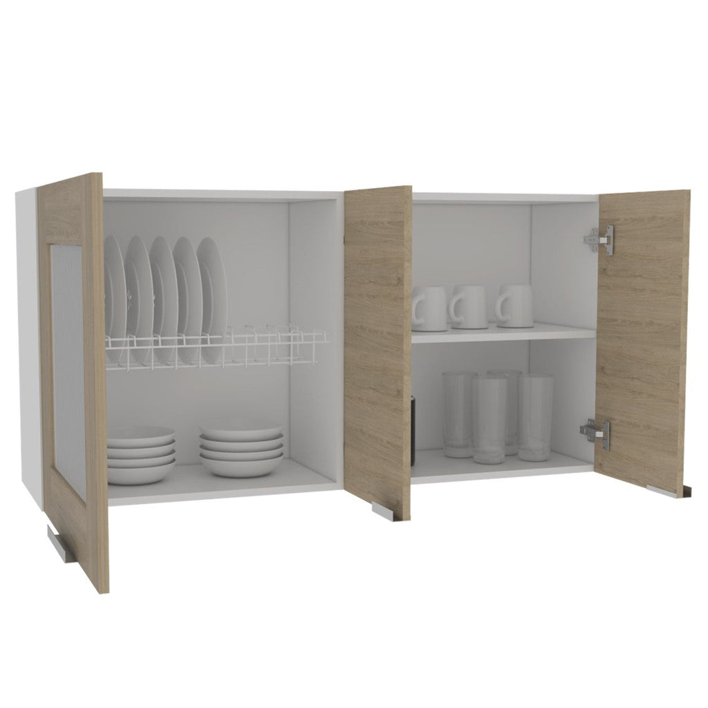 Mueble Superior Fendi, Rovere y Blanco, con tres puertas batientes y múltiples entrepaños para colocar objetos de cocina - vista 1