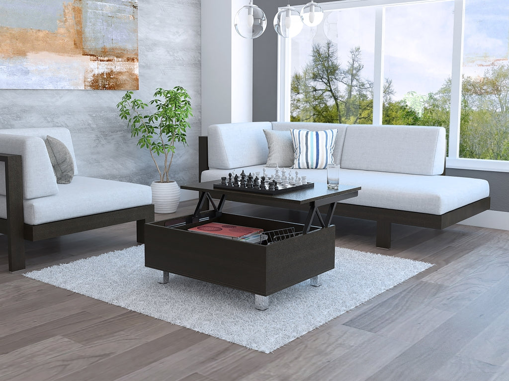 Mesa de Centro Funcional, Gambia, Wengue, con cajón interno y patas metálicas - vista 6