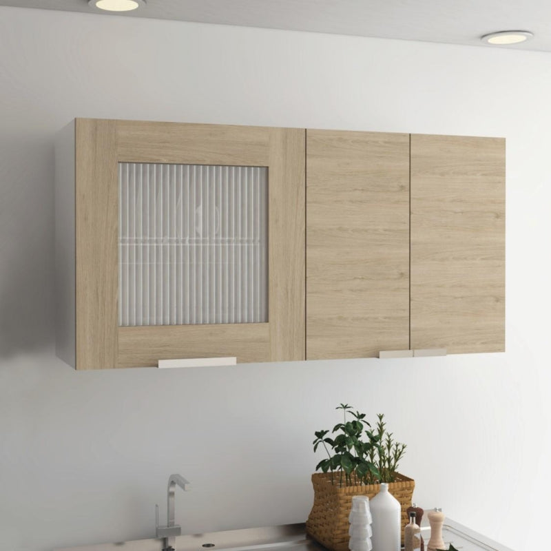 Mueble Superior Fendi, Rovere y Blanco, con tres puertas batientes y múltiples entrepaños para colocar objetos de cocina - vista 2