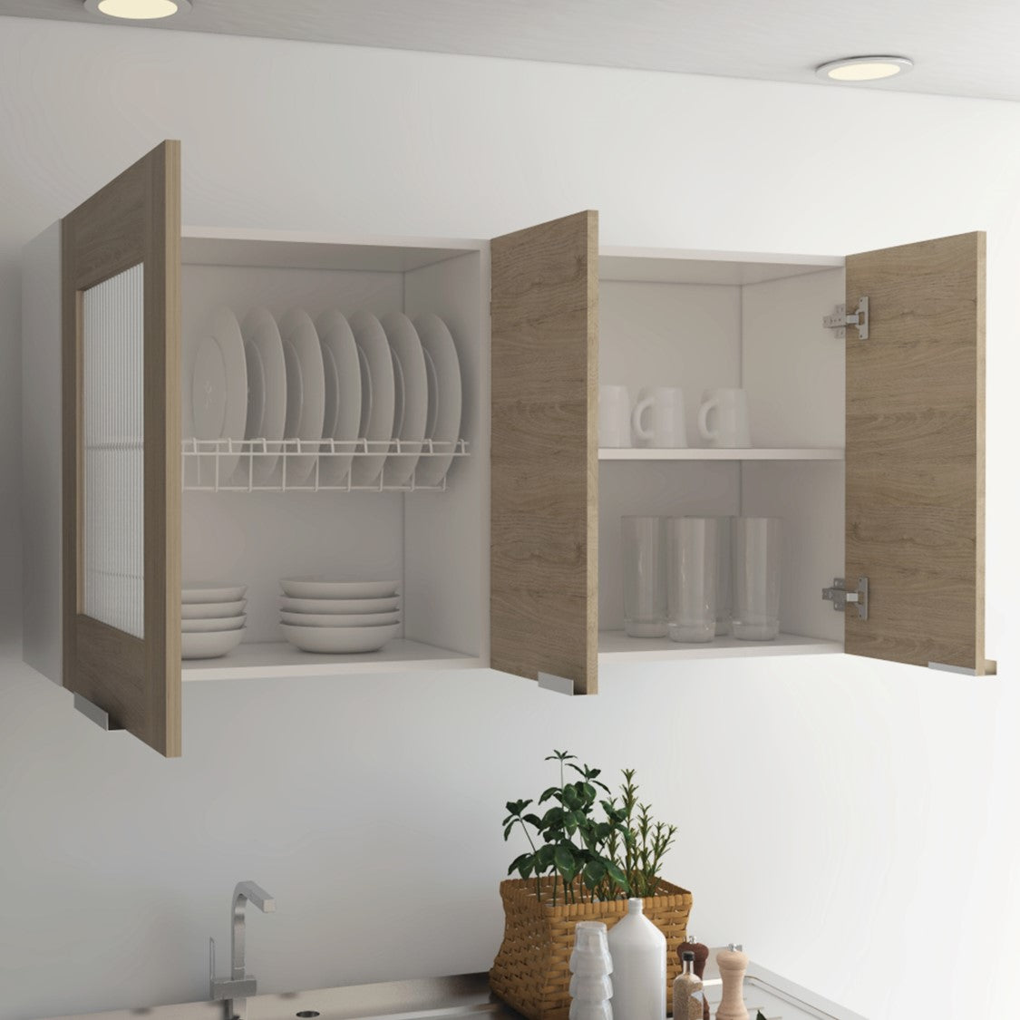 Mueble Superior Fendi, Rovere y Blanco, con tres puertas batientes y múltiples entrepaños para colocar objetos de cocina - vista 3