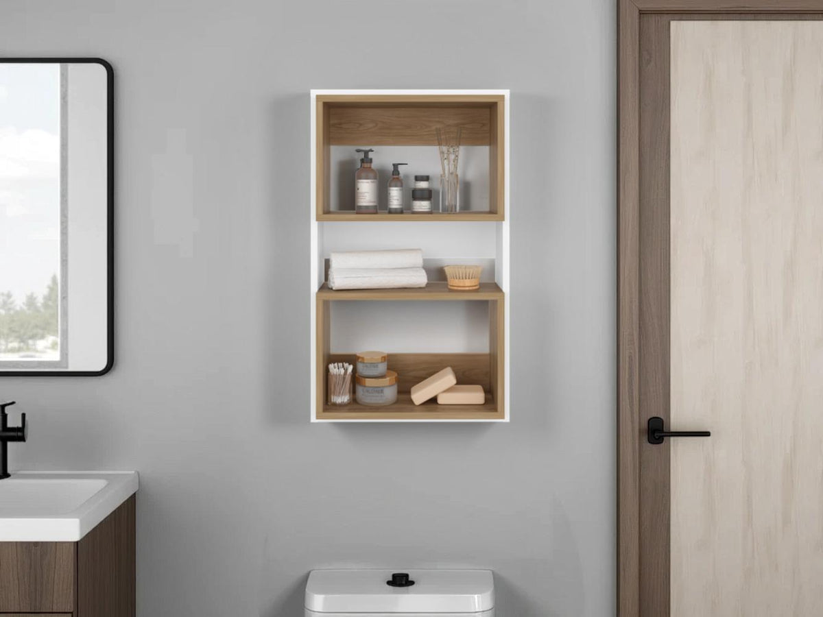 Mueble Auxiliar Muro Baño Eco, Blanco Duqueza y Fresno Europeo, con superficies para ubicar objetos - vista 3