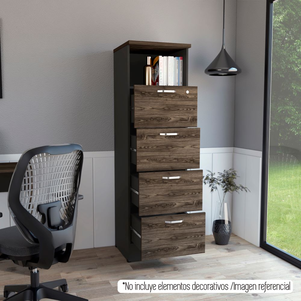 Archivador Home Office, Negro Soft y Coñac, con cuatro amplios cajones deslizables y una repisa para colocar objetos - vista 4