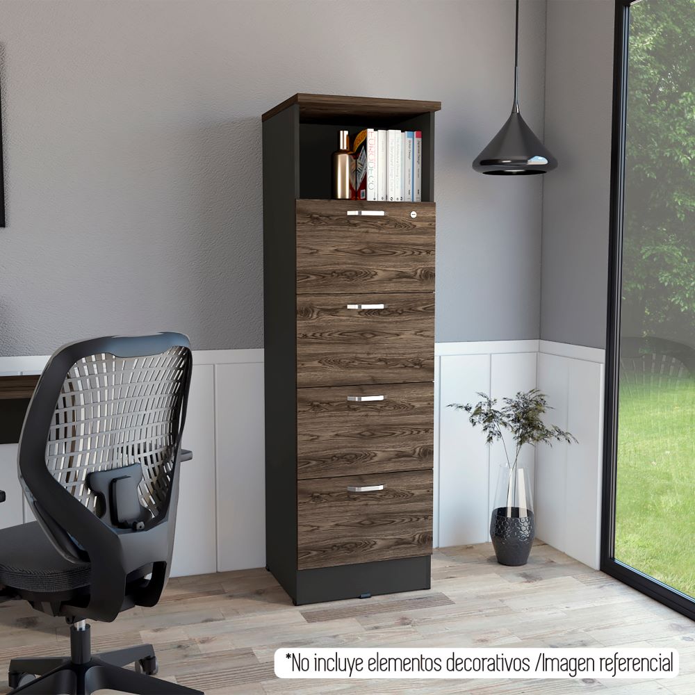 Archivador Home Office, Negro Soft y Coñac, con cuatro amplios cajones deslizables y una repisa para colocar objetos - vista 10