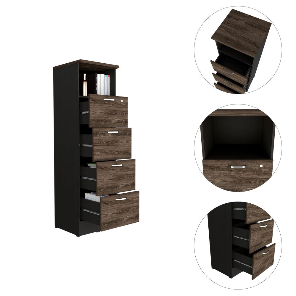 Archivador Home Office, Negro Soft y Coñac, con cuatro amplios cajones deslizables y una repisa para colocar objetos - vista 5