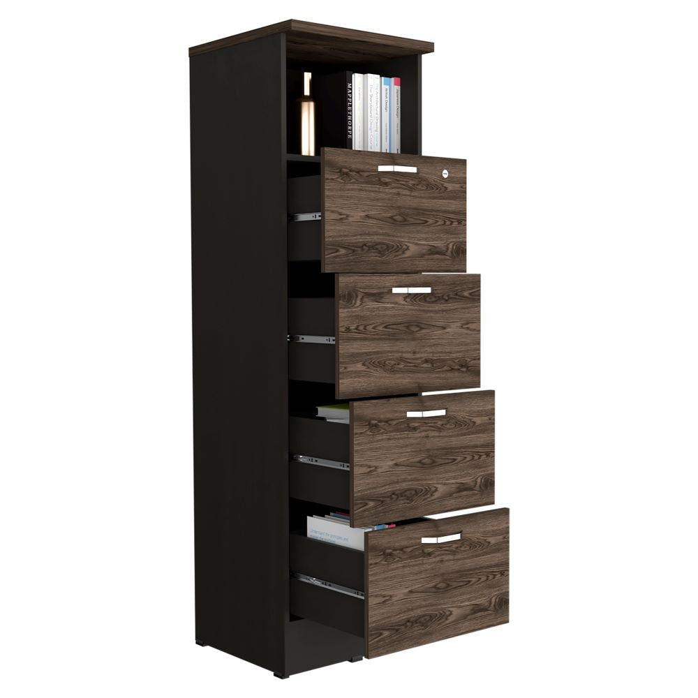 Archivador Home Office, Negro Soft y Coñac, con cuatro amplios cajones deslizables y una repisa para colocar objetos - vista 1