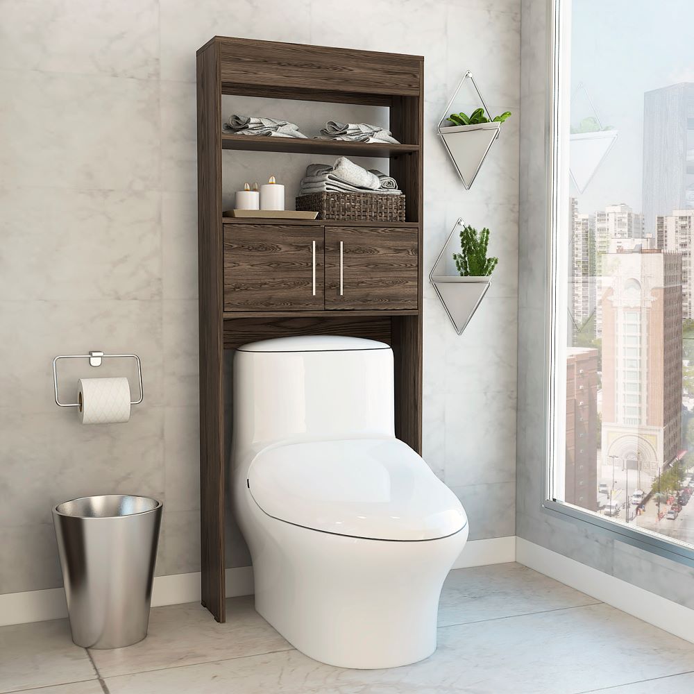 Ahorrador de Espacio Madrid, Coñac, con dos puertas batientes y varios entrepaños para colocar objetos de aseo - vista 3