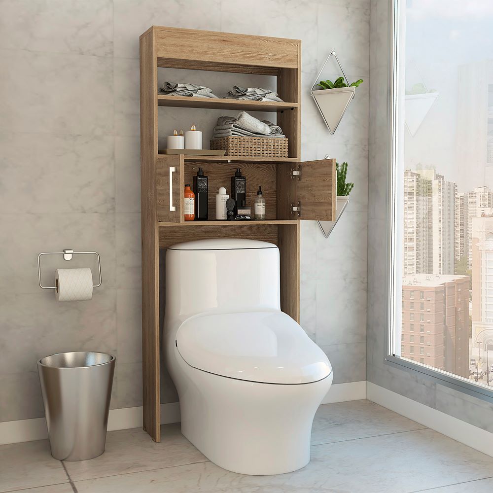 Ahorrador de Espacio Madrid, Miel, con dos puertas batientes y varios entrepaños para colocar objetos de aseo - vista 4