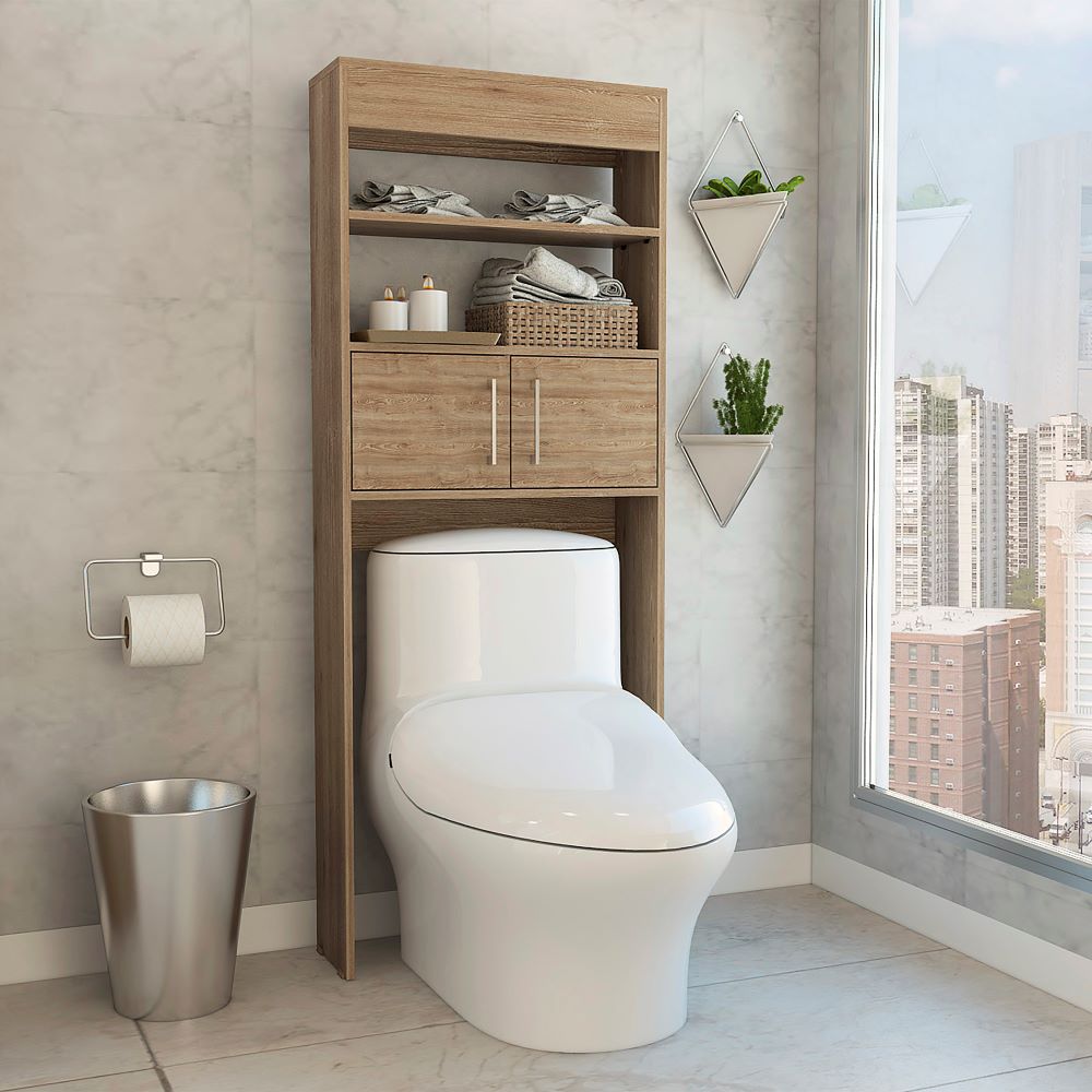 Ahorrador de Espacio Madrid, Miel, con dos puertas batientes y varios entrepaños para colocar objetos de aseo - vista 3