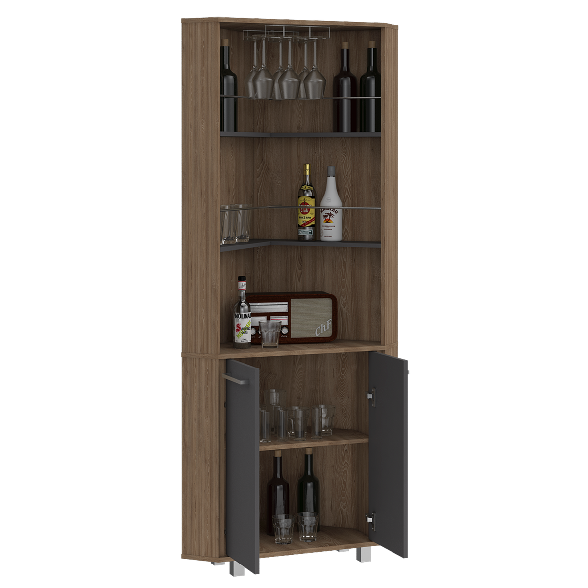 Bar Alto Esquinero, Carmenere, Miel y Plomo, con amplio espacio para botellas y portacopas - vista 3
