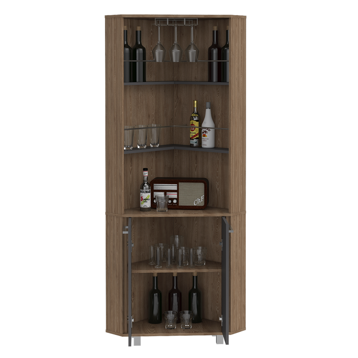 Bar Alto Esquinero, Carmenere, Miel y Plomo, con amplio espacio para botellas y portacopas - vista 6