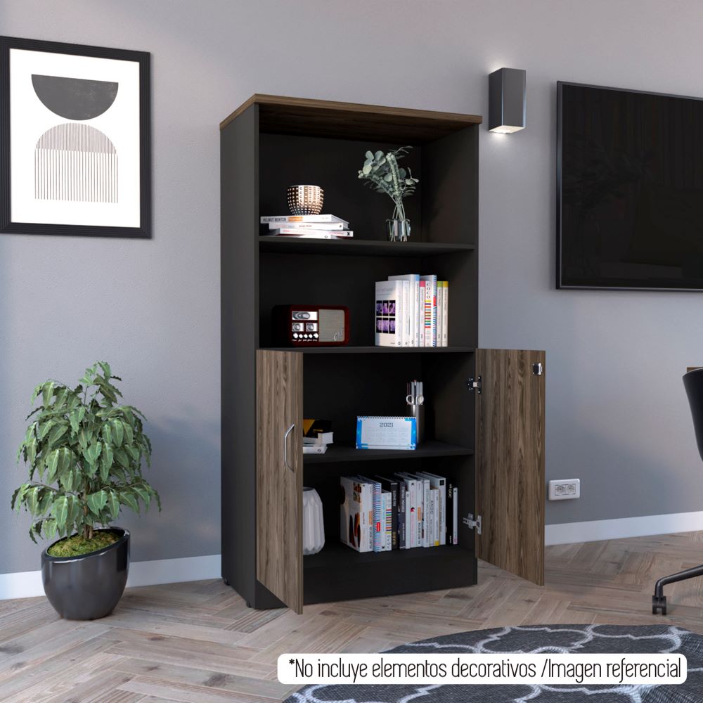Biblioteca Home Office, Negro Soft y Coñac, con dos puertas batientes y entrepaños superiores - vista 4