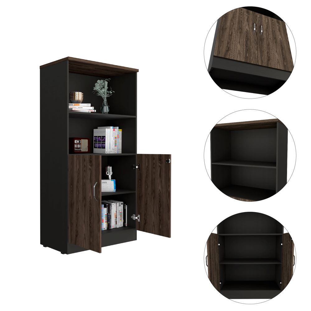 Biblioteca Home Office, Negro Soft y Coñac, con dos puertas batientes y entrepaños superiores - vista 5