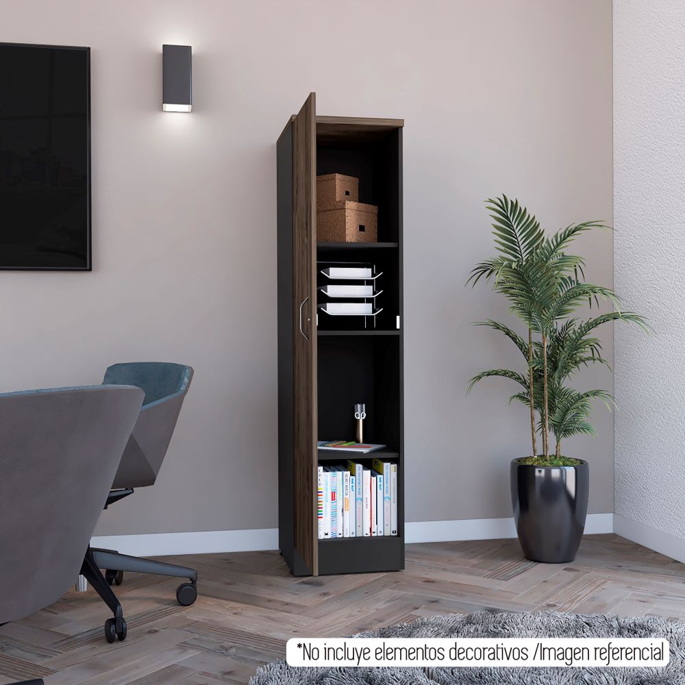 Biblioteca Home Office, Negro Soft y Coñac, con una puerta batiente y entrepaños para colocar objetos - vista 4