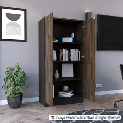 Biblioteca 2 Puertas Completas + 4 Repisas Home Office - Negro Soft / Coñac