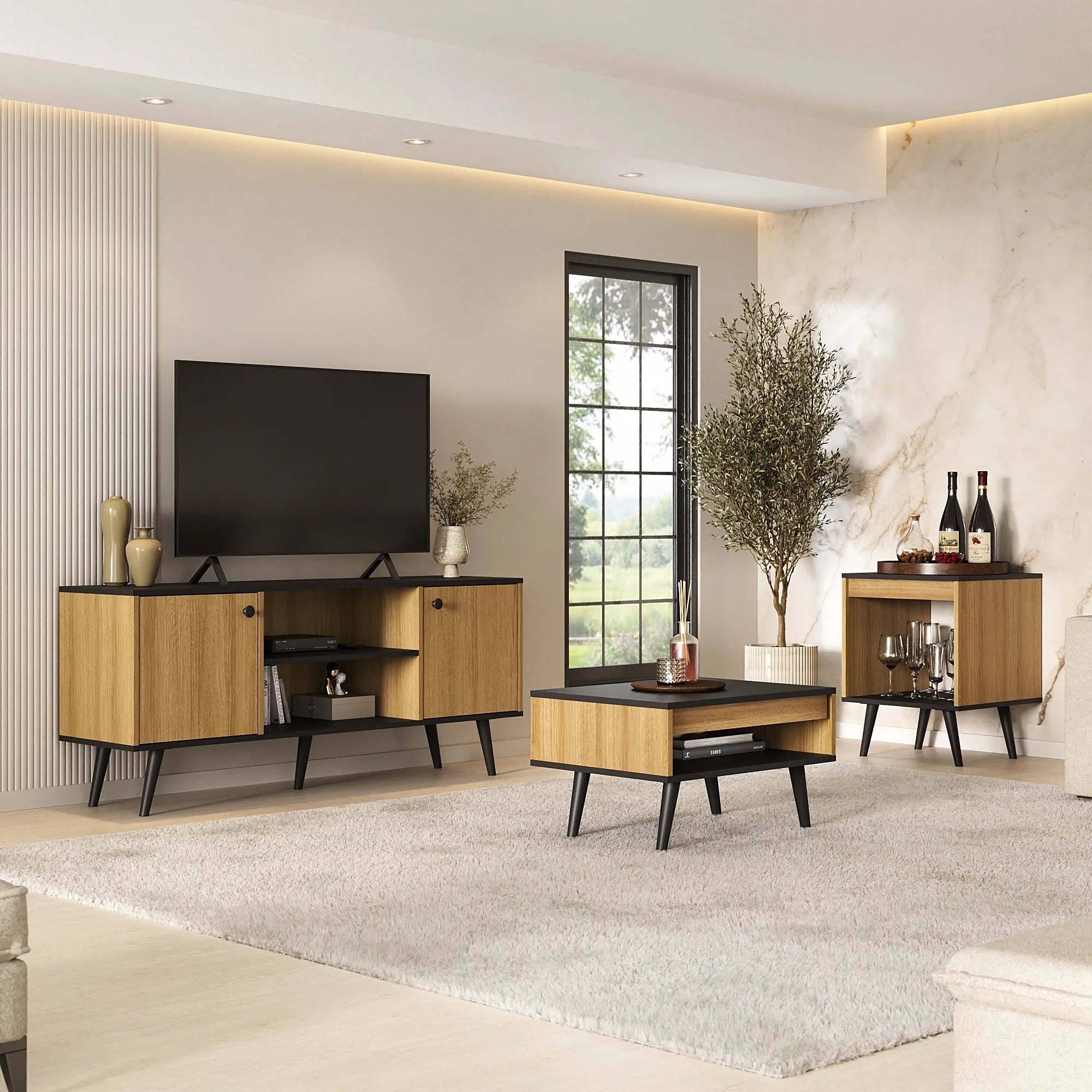Mons Tokio Rack TV + Mesa de Centro + Mesa Lateral Negro Mate