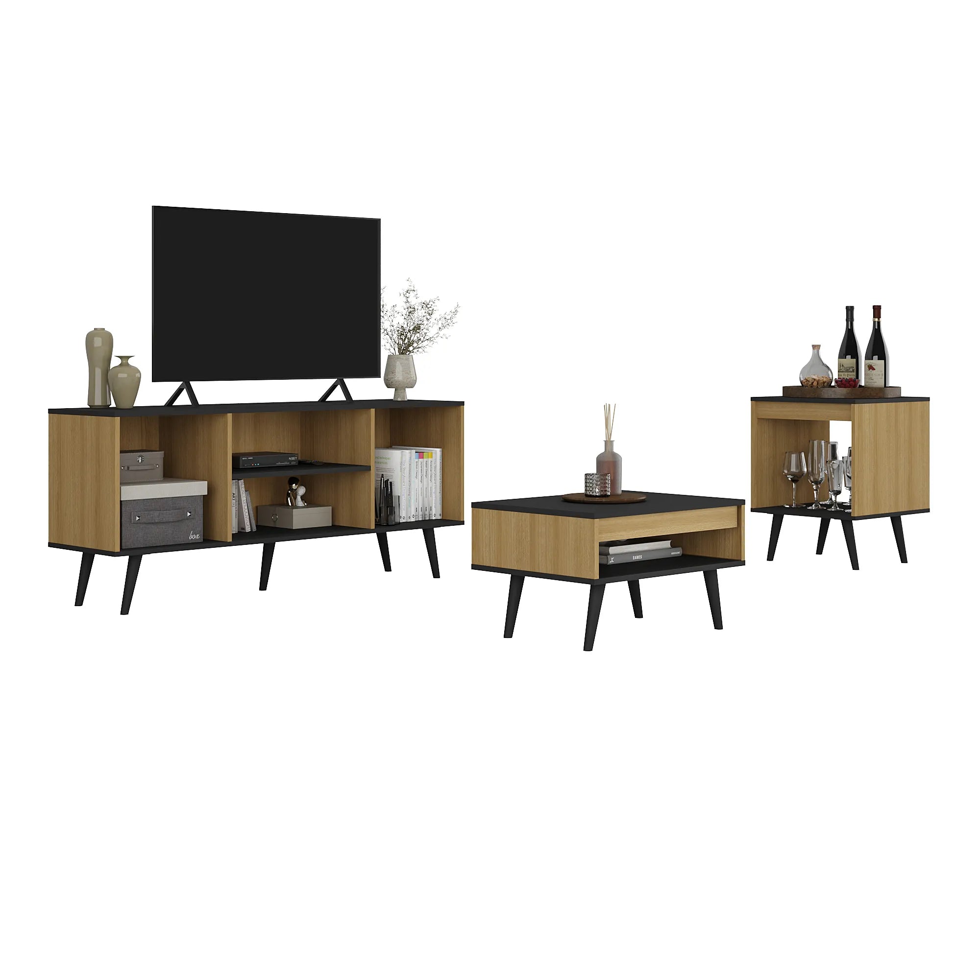 Mons Tokio Rack TV + Mesa de Centro + Mesa Lateral Negro Mate