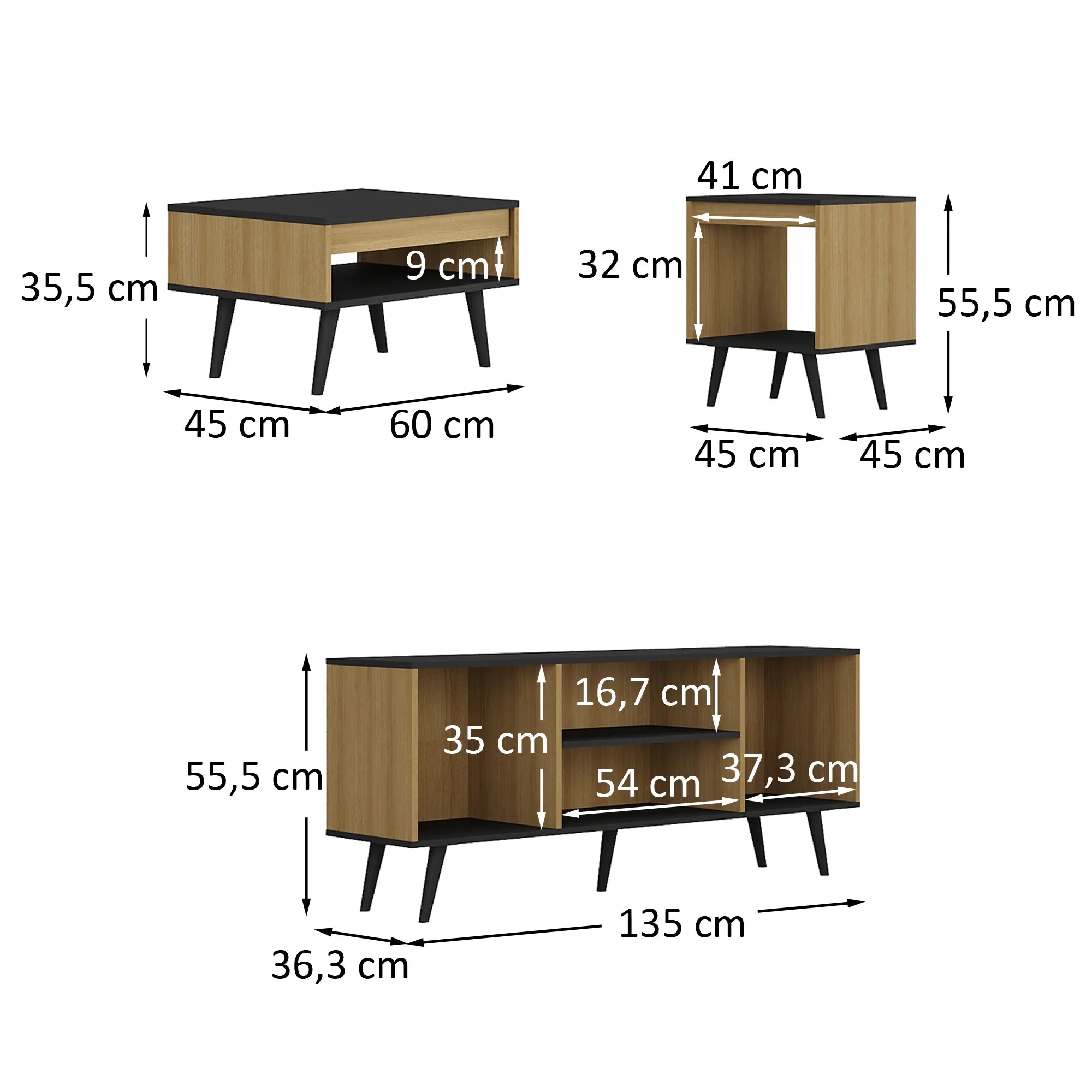 Mons Tokio Rack TV + Mesa de Centro + Mesa Lateral Negro Mate