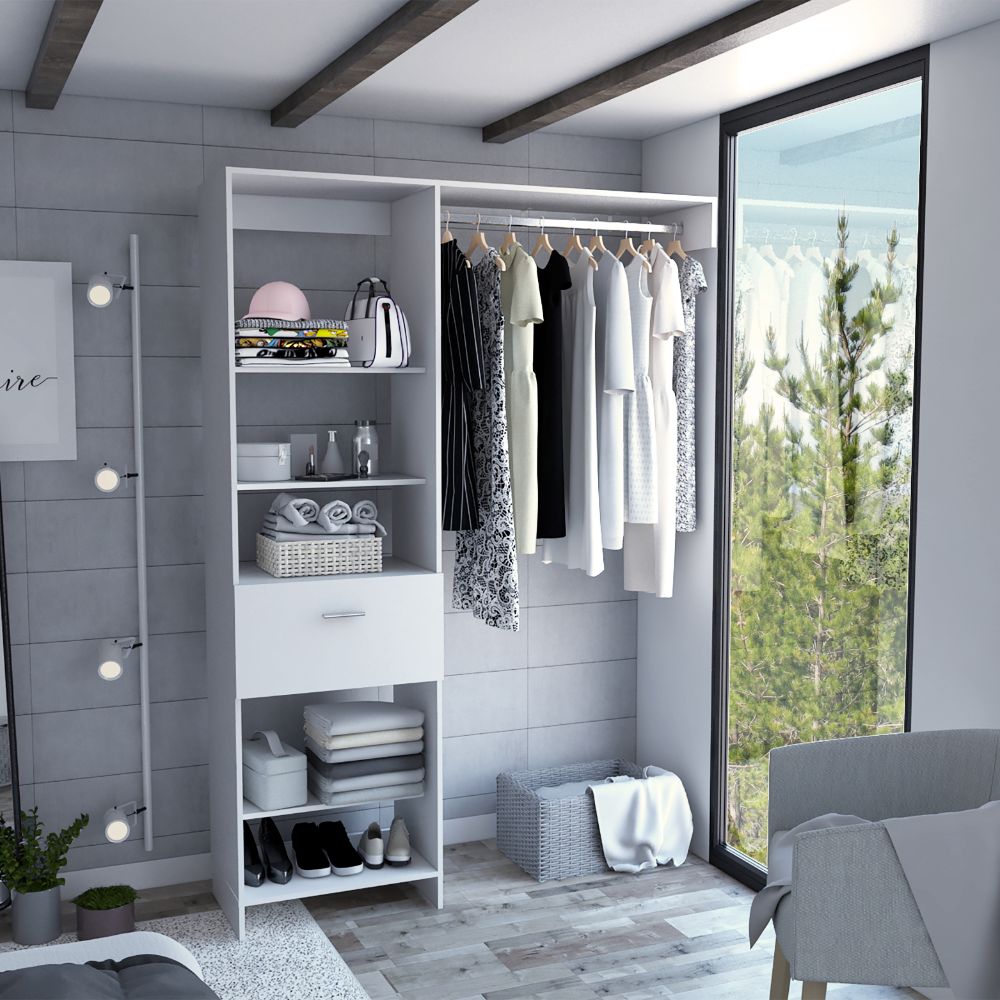 Closet Manchester, Blanco, con cajón deslizable y un tubo cromado para colgar ropa - vista 1