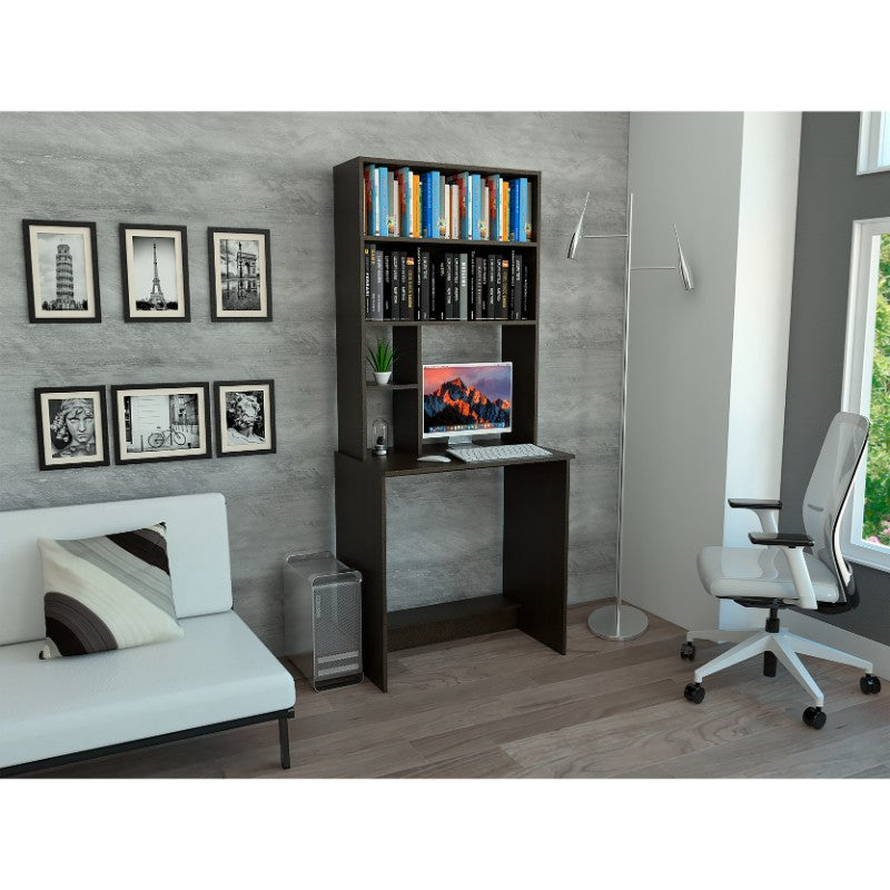Escritorio Office, Wengue, con biblioteca superior de varios entrepaños para colocar objetos - vista 2