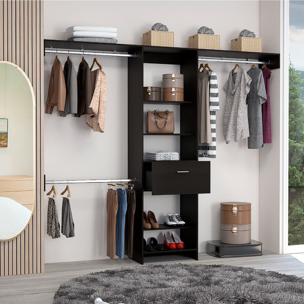Closet Manchester, Wengue, con cajón deslizable y tres tubos cromados para colgar ropa - vista 4