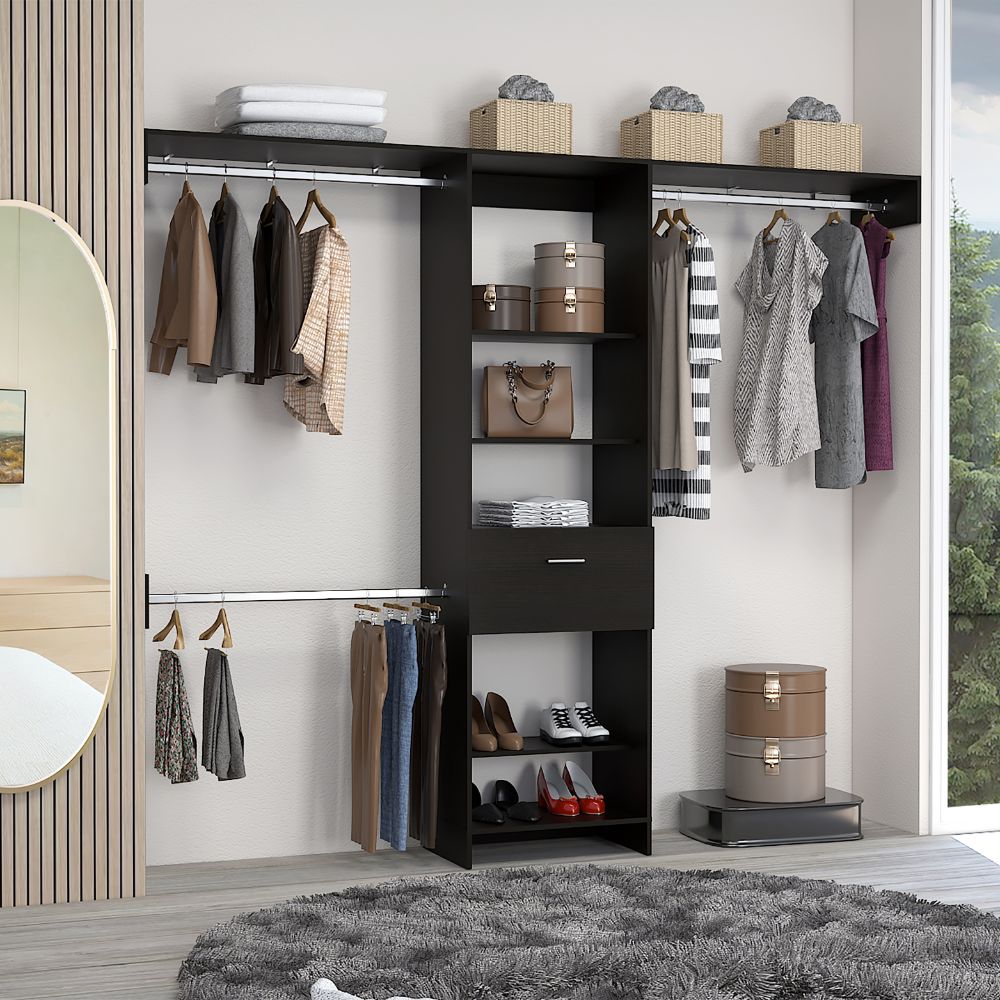 Closet Manchester, Wengue, con cajón deslizable y tres tubos cromados para colgar ropa - vista 3