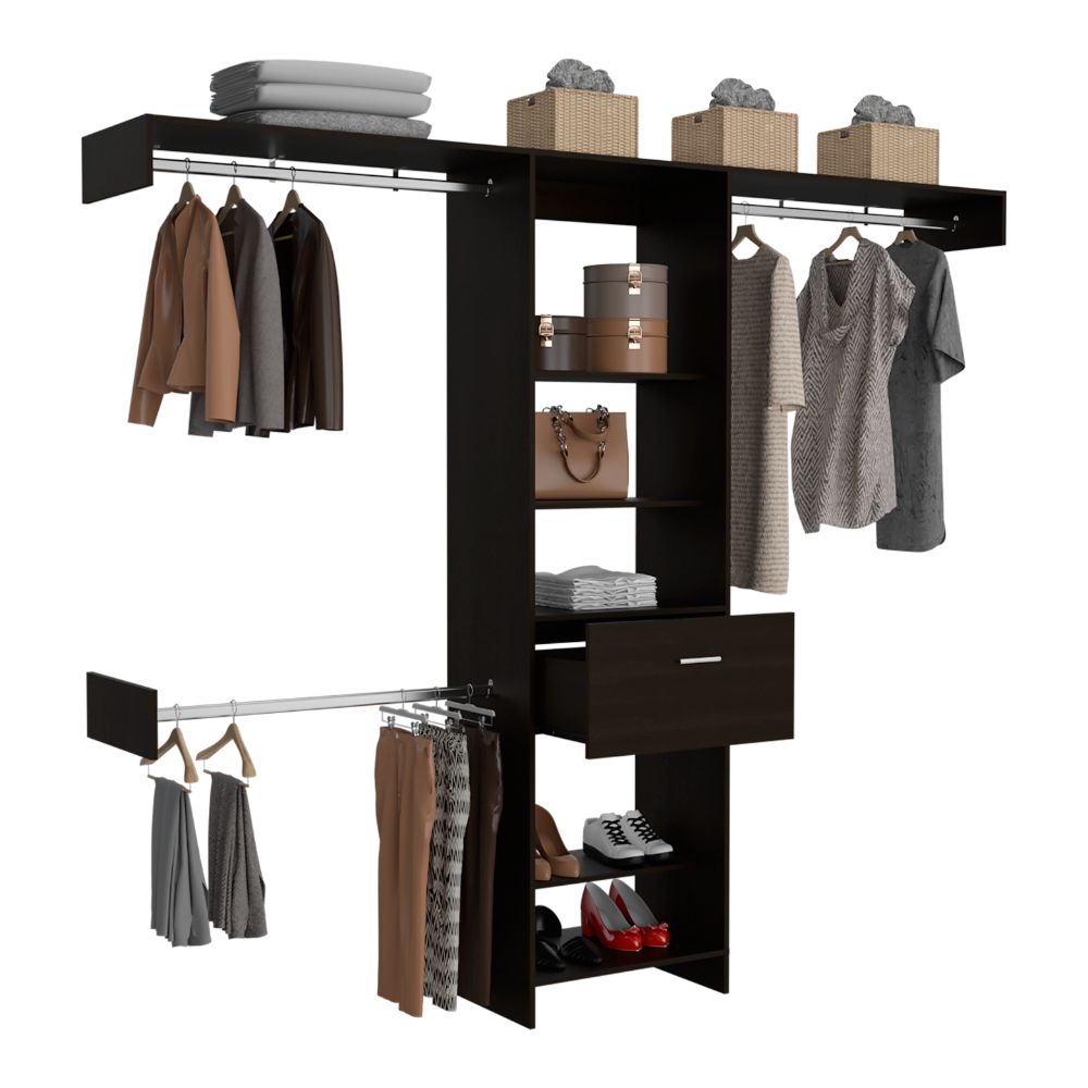 Closet Manchester, Wengue, con cajón deslizable y tres tubos cromados para colgar ropa - vista 1