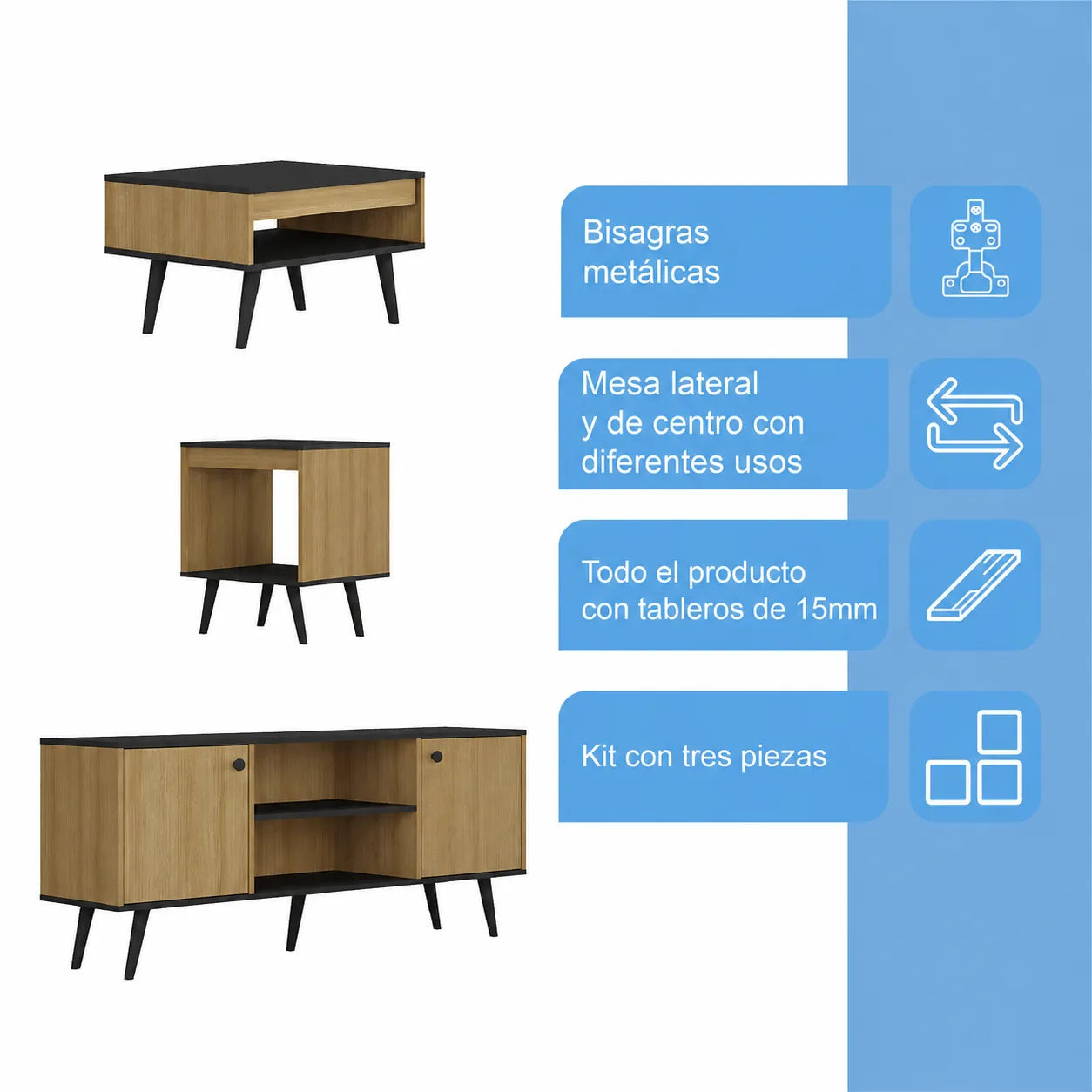 Mons Tokio Rack TV + Mesa de Centro + Mesa Lateral Negro Mate