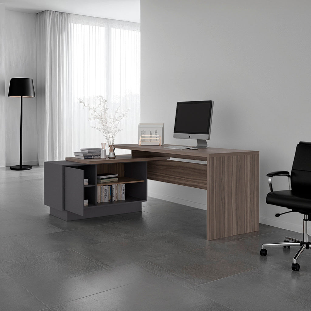Escritorio En L Una Puerta -  Repisas Office W-179, Avellana Y Plomo - vista 2